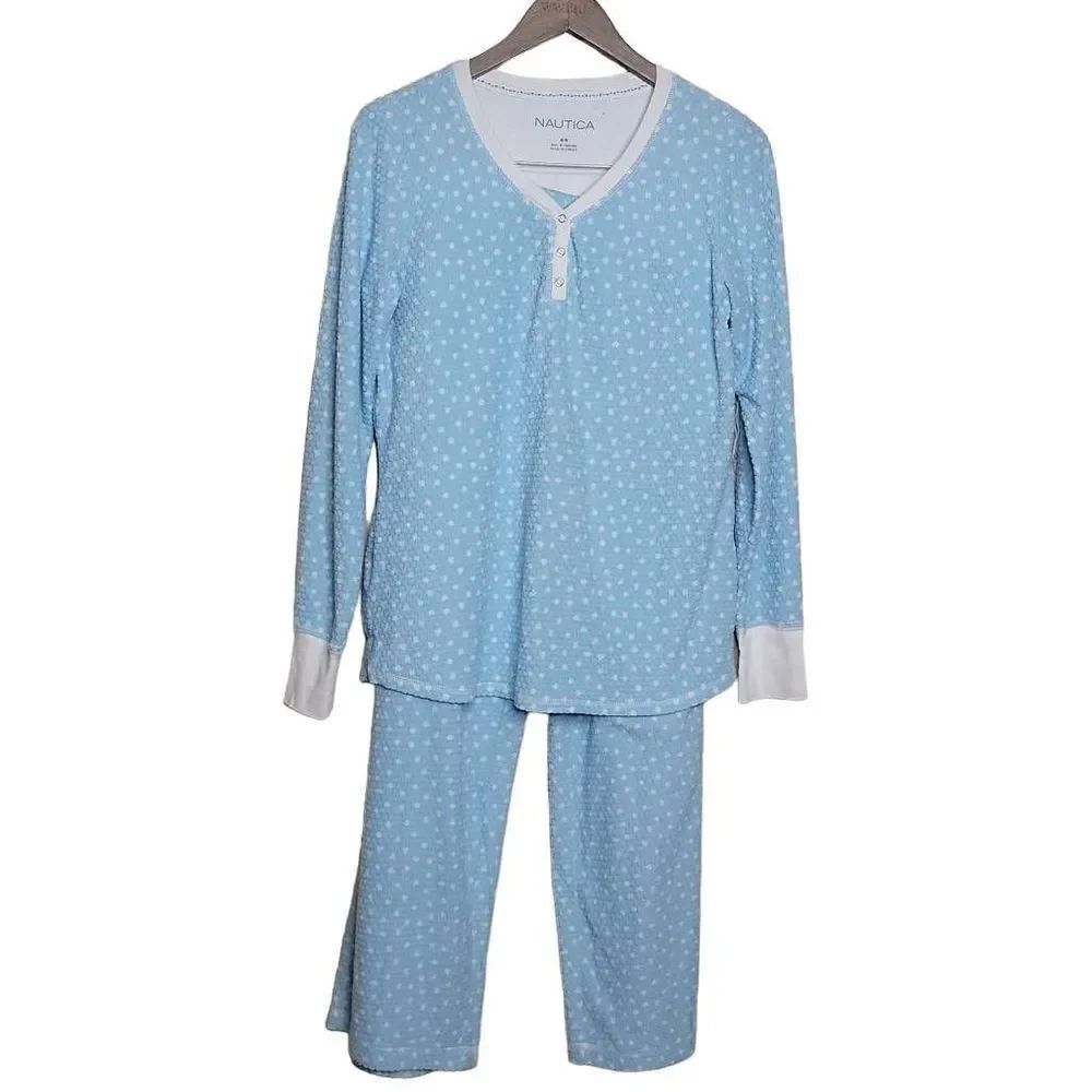 Nautica Long Sleeve Polka Dot Sleepwear Top and Pant Set Blue White Size Medium